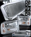 2005 Ford F350 Super Duty Chrome Vertical Grille and Clear Headlights Set