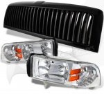 2001 Dodge Ram Black Vertical Grille and Clear Euro Headlights Set