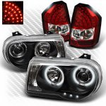 2010 Chrysler 300C Black CCFL Halo Headlights and Red Clear LED Tail Lights