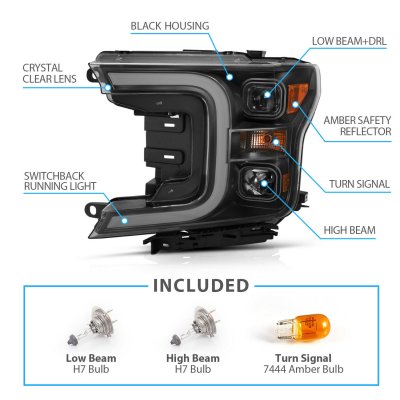 Ford F150 2018-2020 Black Projector Headlights DRL Switchback Signals ...