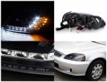 Honda Civic 1999-2000 Black Projector Headlights with LED Corner Lights