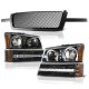 Chevy Silverado 1500 2003-2005 Black Mesh Grille and Halo Headlights LED DRL Bumper Lights